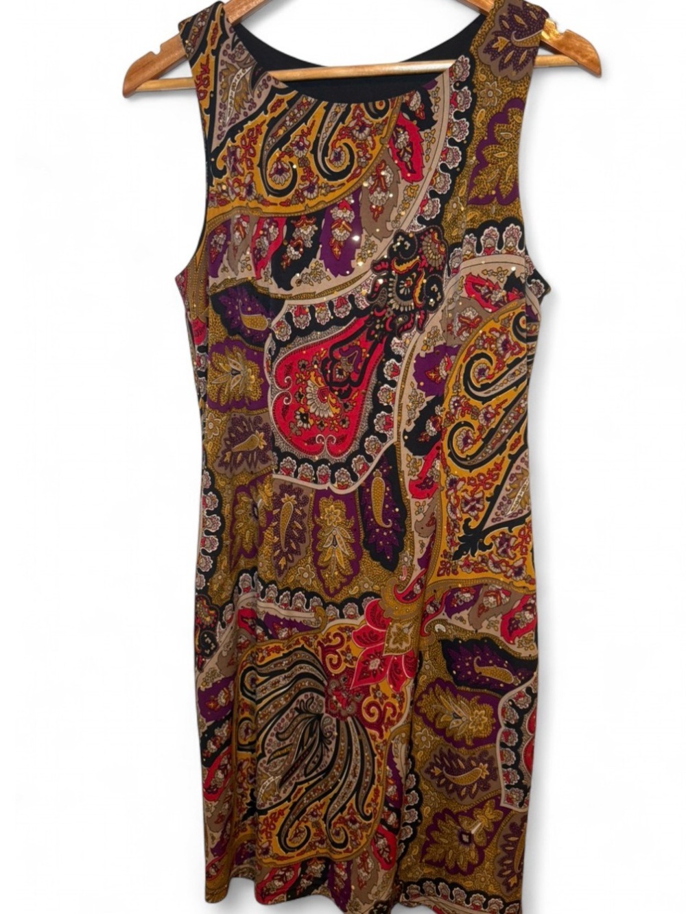 Joseph Ribkoff Paisley Sleeveless Dress Gold Purple Mirror Sequin Accent Boho 10